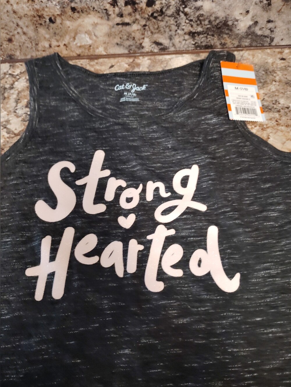 Nwt 7/8 Cat & Jack Black Heather Tank with Pink 'Strong Hearted' Script Nwt - Picture 2 of 5